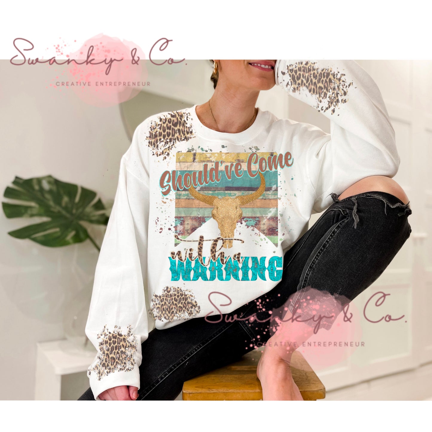 Should've Come with a Warning| Leopard print Bull Skull| Digital Download| PNG File| PNG Designs| Country Western Png